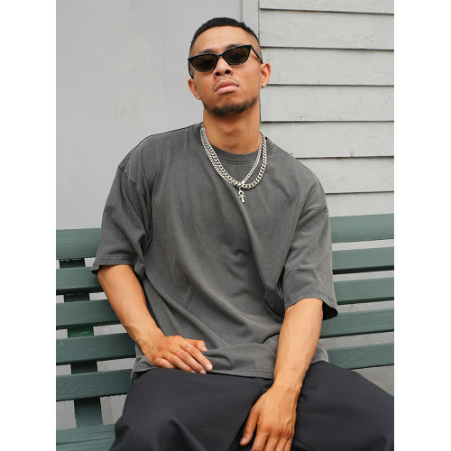 Califans夏重磅260g美式小領口復古寬松洗水做舊打底短袖男潮INS