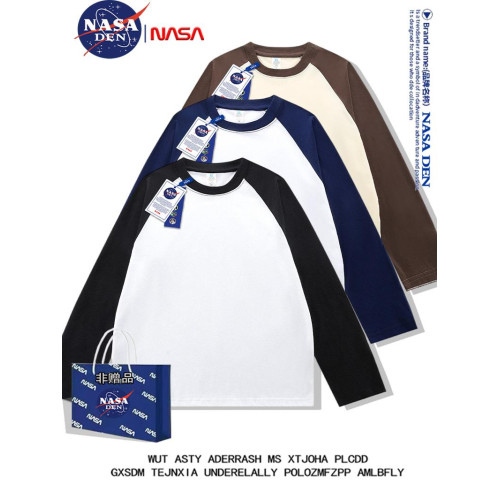 NASA聯名春秋季純棉插肩長袖t恤男女款美式內搭撞色拼接上衣服衫