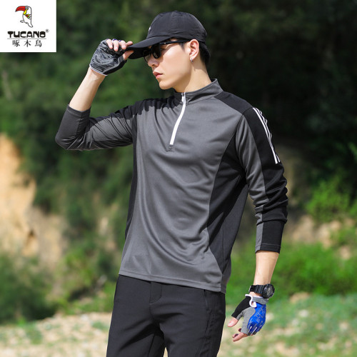 啄木鳥戶外輕薄速乾長袖男彈力透氣吸溼排汗徒步登山服半拉鍊上衣