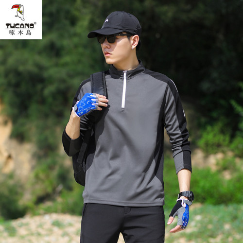 啄木鳥戶外輕薄速乾長袖男彈力透氣吸溼排汗徒步登山服半拉鍊上衣