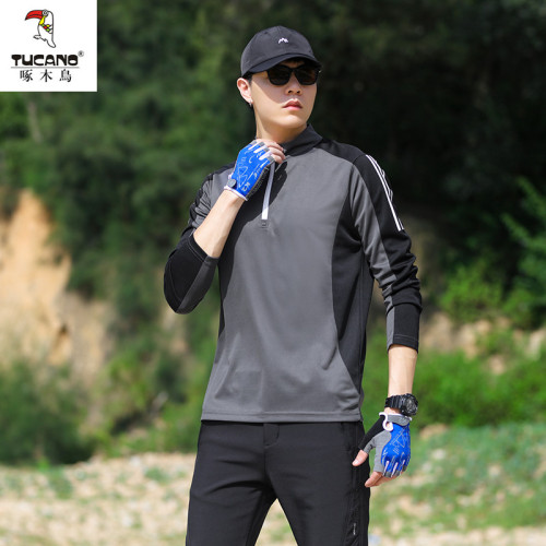 啄木鳥戶外輕薄速乾長袖男彈力透氣吸溼排汗徒步登山服半拉鍊上衣