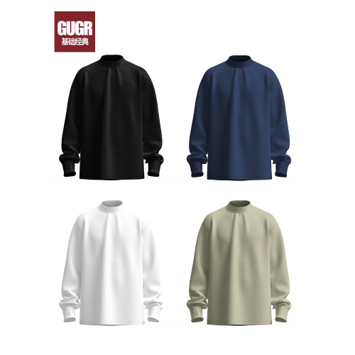 GUGR 300g磨毛棉 重磅美式小領口長袖T恤男 純色半高領純色打底衫