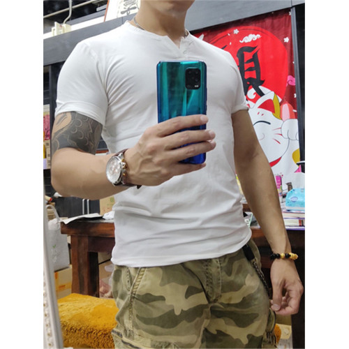 棉開V筒男士短袖亨利領美式復古硬漢純色T恤修身上衣簡約薄款高級