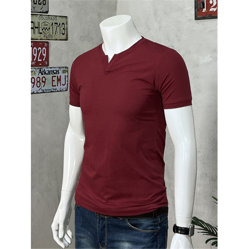 棉開V筒男士短袖亨利領美式復古硬漢純色T恤修身上衣簡約薄款高級