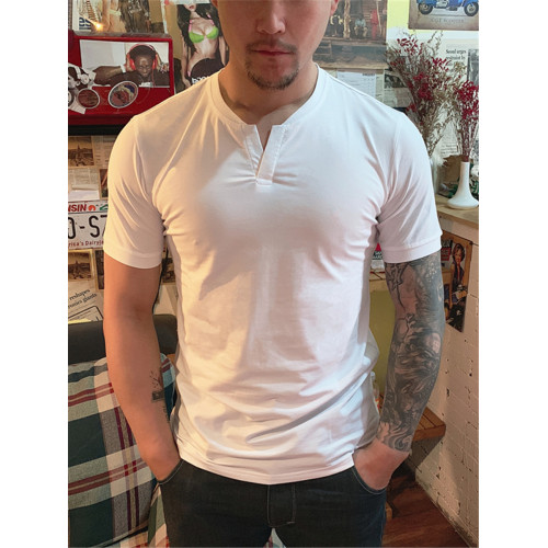 棉開V筒男士短袖亨利領美式復古硬漢純色T恤修身上衣簡約薄款高級