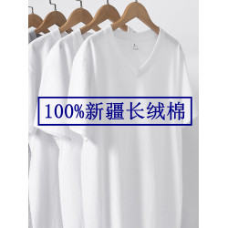 新疆長絨棉夏季純棉V領短袖T恤衫寬松春秋內搭打底衫雞心領男士女