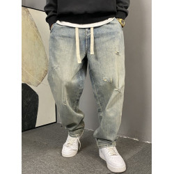 特大碼300斤胖子美式痞帥水洗復古破洞牛仔褲男夏季直筒寬松褲子