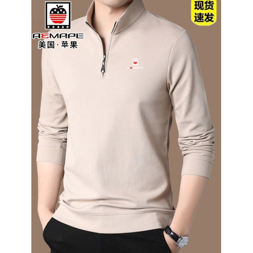 美國蘋果春秋新款男士拉鍊半高領長袖棉t恤休閒打底衫男立領衛衣