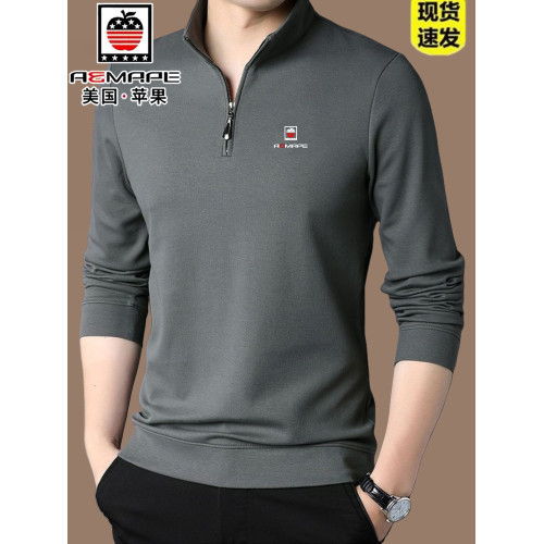 美國蘋果春秋新款男士拉鍊半高領長袖棉t恤休閒打底衫男立領衛衣