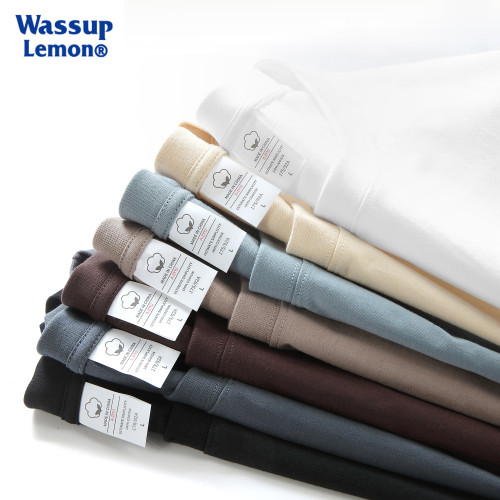 WASSUP LEMON重磅純棉長袖t恤男純白色打底衫女寬松情侶內搭上衣