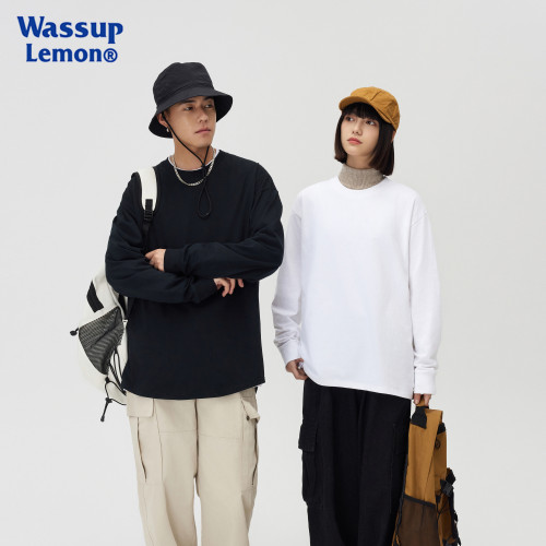 WASSUP LEMON重磅純棉長袖t恤男純白色打底衫女寬松情侶內搭上衣