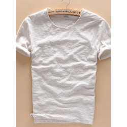 柔軟竹節棉短袖T恤男士休閒薄款日系做舊毛邊圓領修身純棉男t恤衫