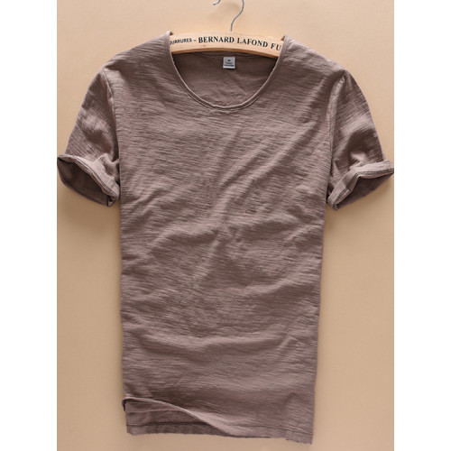 柔軟竹節棉短袖T恤男士休閒薄款日系做舊毛邊圓領修身純棉男t恤衫