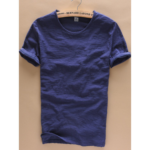 柔軟竹節棉短袖T恤男士休閒薄款日系做舊毛邊圓領修身純棉男t恤衫