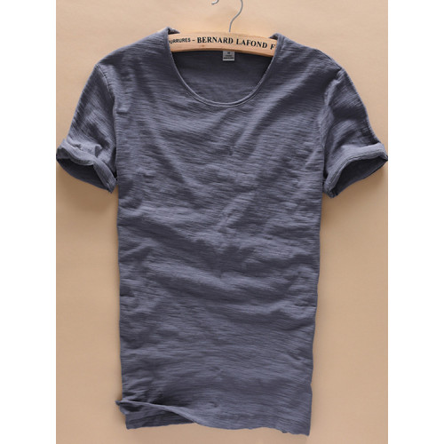 柔軟竹節棉短袖T恤男士休閒薄款日系做舊毛邊圓領修身純棉男t恤衫