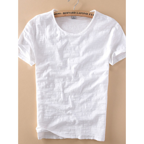 柔軟竹節棉短袖T恤男士休閒薄款日系做舊毛邊圓領修身純棉男t恤衫