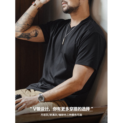 馬登工裝美式Sorona速乾涼感短袖老錢風T恤索羅娜v領純色打底男夏