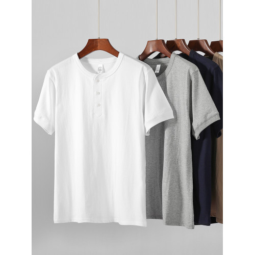 250g美式亨利領短袖T恤夏季寬松純棉白色復古亨利衫小衆男女同款