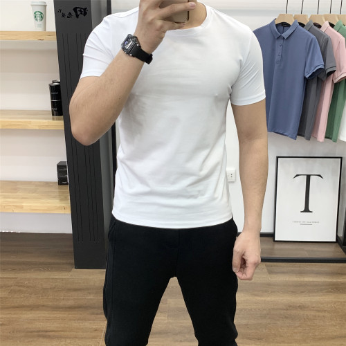 夏季男士基礎純色百搭短袖日常休閒打底棉質柔軟舒適彈力修身上衣