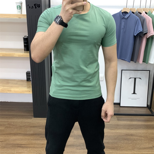 夏季男士基礎純色百搭短袖日常休閒打底棉質柔軟舒適彈力修身上衣