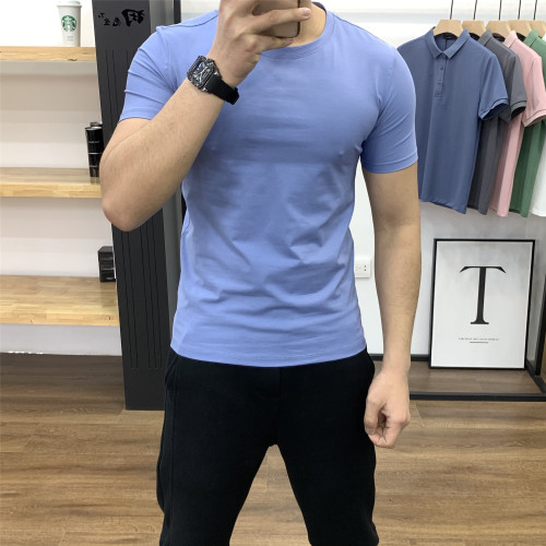 夏季男士基礎純色百搭短袖日常休閒打底棉質柔軟舒適彈力修身上衣