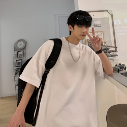 胖胖哥短袖T恤男款夏季潮牌高街大碼圓領半袖潮流寬松純色五分袖