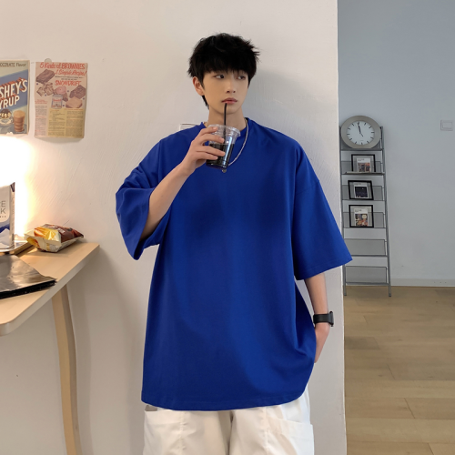 胖胖哥短袖T恤男款夏季潮牌高街大碼圓領半袖潮流寬鬆純色五分袖