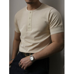 柴米300g亨利領重磅T恤男美式復古阿美哢嘰短袖修身純色全棉夏季