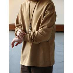 BGYO 日系小領口設計長袖T恤男重磅寬松復古純色休閒內搭打底TEE