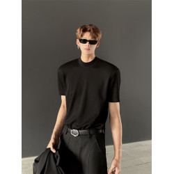 ACE王嘉爾同款純色正肩半高領T恤男秋季cleanfit修身重磅短袖boxy