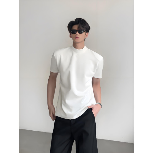 ACE王嘉爾同款純色正肩半高領T恤男秋季cleanfit修身重磅短袖boxy