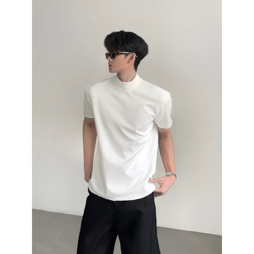 ACE王嘉爾同款純色正肩半高領T恤男秋季cleanfit修身重磅短袖boxy