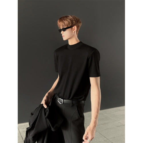 ACE王嘉爾同款純色正肩半高領T恤男秋季cleanfit修身重磅短袖boxy