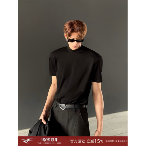 ACE王嘉爾同款純色正肩半高領T恤男秋季cleanfit修身重磅短袖boxy