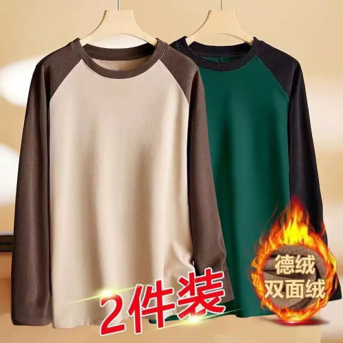 秋冬季加肥加大碼雙面德絨保暖長袖T恤男休閒外穿內搭保暖體恤衫