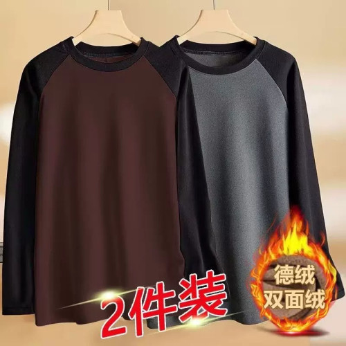 秋冬季加肥加大碼雙面德絨保暖長袖T恤男休閒外穿內搭保暖體恤衫