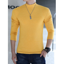 半高領打底衫男士棉質t恤純色修身簡約休閒中領長袖內搭厚款上衣