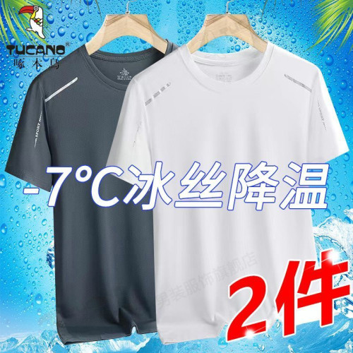 啄木鳥夏季冰絲短袖T恤男士休閒寬鬆青年網眼運動體恤男打底上衣