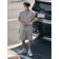 冰絲運動套裝男款夏季美式無袖t恤背心短褲青少年男士穿搭一整套