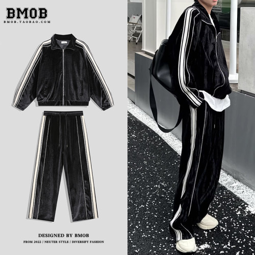 BMOB春秋季絲絨開衫外套男長褲小衆拼色條紋設計感休閒運動套裝潮 BMOB春秋季絲絨開衫外套男長褲小衆拼色條紋設計感休閒運動套裝潮