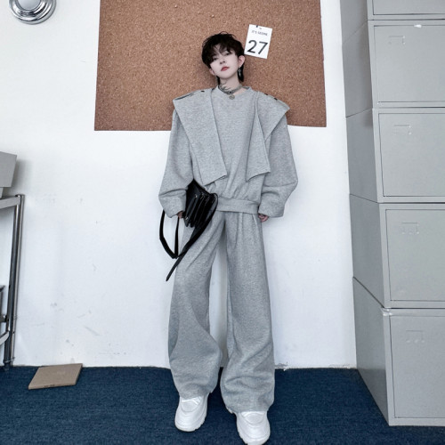 2024秋裝小衆網紅可拆卸披肩連帽衛衣套裝男休閒設計感長褲兩件套 2024秋裝小衆網紅可拆卸披肩連帽衛衣套裝男休閒設計感長褲兩件套