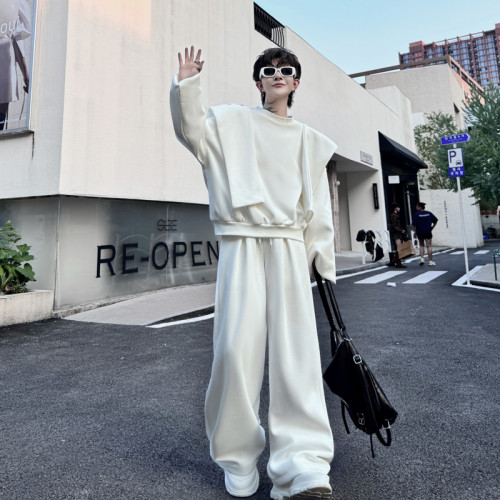 2024秋裝小衆網紅可拆卸披肩連帽衛衣套裝男休閒設計感長褲兩件套 2024秋裝小衆網紅可拆卸披肩連帽衛衣套裝男休閒設計感長褲兩件套