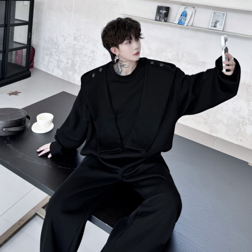 2024秋裝小衆網紅可拆卸披肩連帽衛衣套裝男休閒設計感長褲兩件套 2024秋裝小衆網紅可拆卸披肩連帽衛衣套裝男休閒設計感長褲兩件套