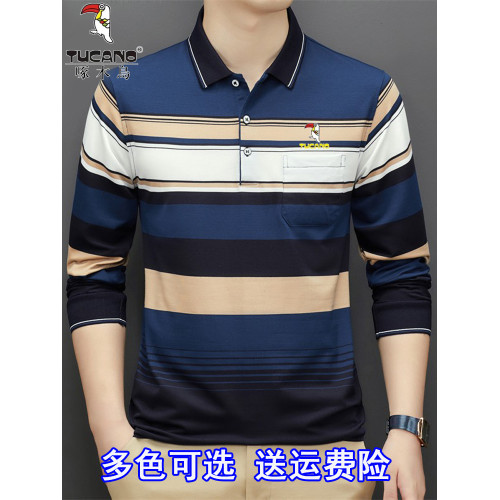 啄木鳥純棉長袖t恤男翻領條紋中老年爸爸裝打底衫男士秋裝上衣服