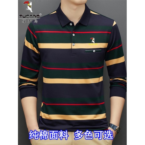 啄木鳥純棉長袖t恤男翻領條紋中老年爸爸裝打底衫男士秋裝上衣服