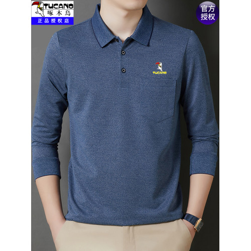 啄木鳥純棉長袖t恤男翻領條紋中老年爸爸裝打底衫男士秋裝上衣服