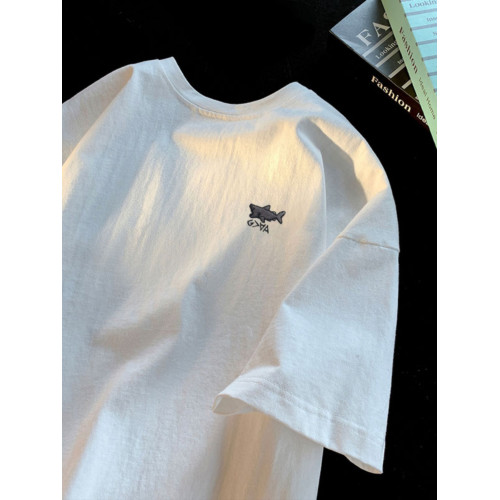 刺綉重磅100%純棉短袖T恤男美式潮牌ins寬松體恤鯊魚綉花體恤上衣