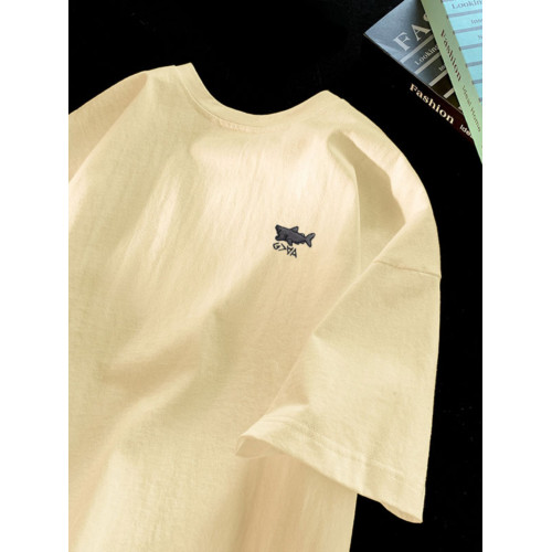 刺綉重磅100%純棉短袖T恤男美式潮牌ins寬松體恤鯊魚綉花體恤上衣