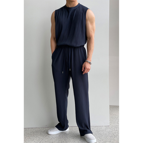 休閒套裝男夏季潮流時尚百搭無袖背心韓版垂感寬松直筒松緊腰長褲 休閒套裝男夏季潮流時尚百搭無袖背心韓版垂感寬松直筒松緊腰長褲