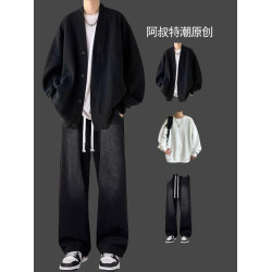 春秋男士華夫格日系開衫三件套裝搭配痞帥搭配牛仔褲潮牌高街一套